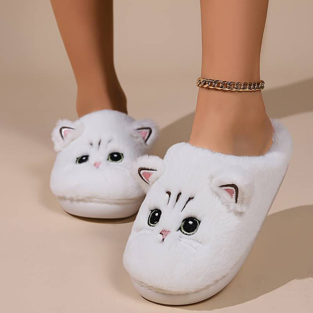 Felini Women’s Winter Slippers Plush | Cute Cat Design white | The Lineage