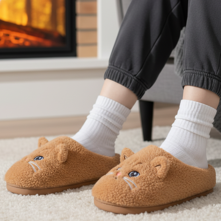 Felini Women’s Winter Slippers Plush | Cute Cat Design khaki | The Lineage