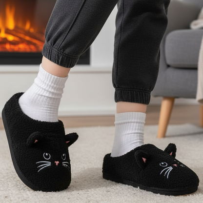 Felini Women’s Winter Slippers Plush | Cute Cat Design black | The Lineage