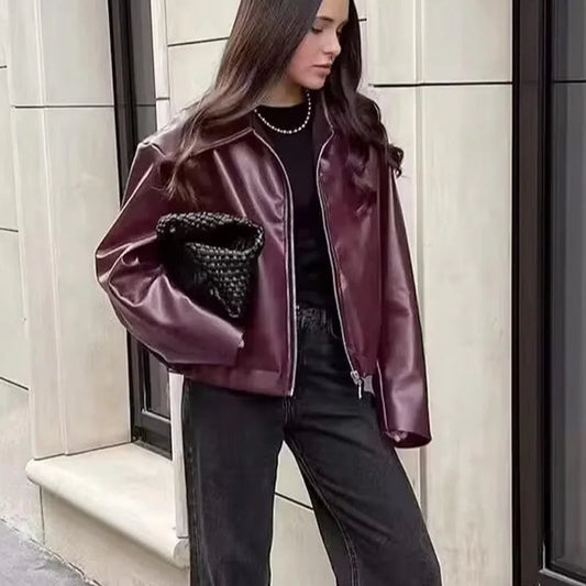 Helira Women's PU Leather Jacket | With zipper and lapel collar wine red | Chateaumode