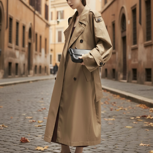Isotta Women's Oversized Double-Breasted Trench Coat | Relaxed Fit, Raglan Sleeves khaki | The Lineage