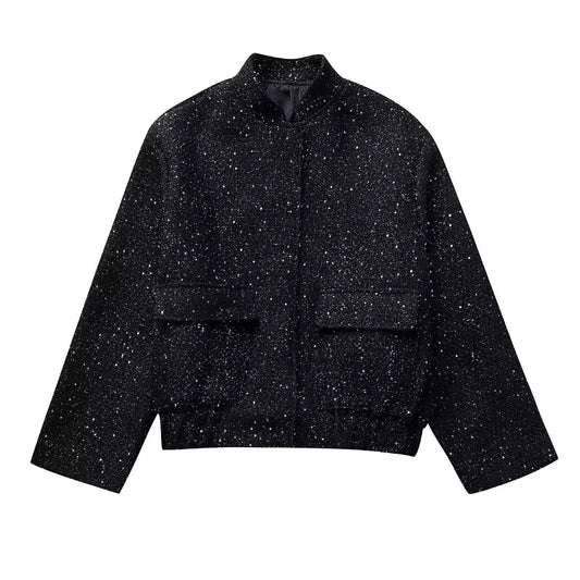 Jalvo Women’s Sequin Jacket | Short, Glitter Finish, Stand-Up Collar black | The Lineage