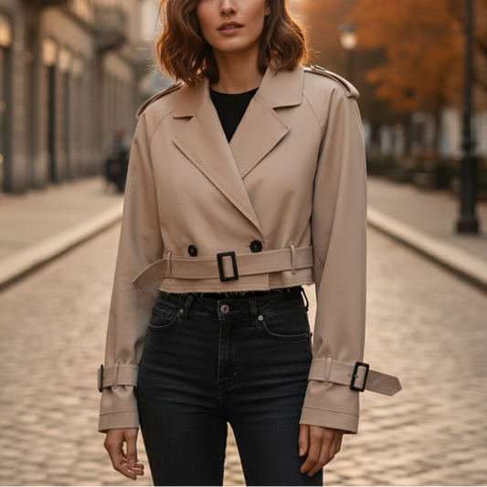 Juno Women's Cropped Trench Jacket | Short, Double-Breasted with Belt beige | The Lineage