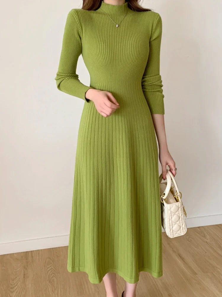 Katia Women's Ribbed Knit Midi Dress | Figure-Hugging, Long Sleeves, Stand-Up Collar green | The Lineage
