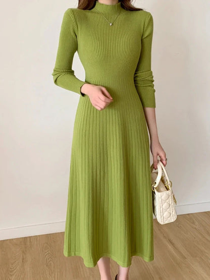 Katia Women's Ribbed Knit Midi Dress | Figure-Hugging, Long Sleeves, Stand-Up Collar green | The Lineage