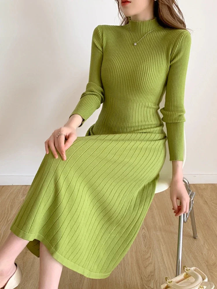Katia Women's Ribbed Knit Midi Dress | Figure-Hugging, Long Sleeves, Stand-Up Collar | The Lineage