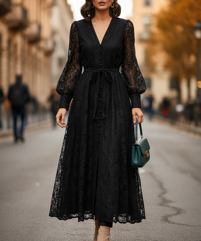 Kaya Women's Long Evening Dress with Embroidery and Lace | Pearls, Lantern Sleeves black | The Lineage