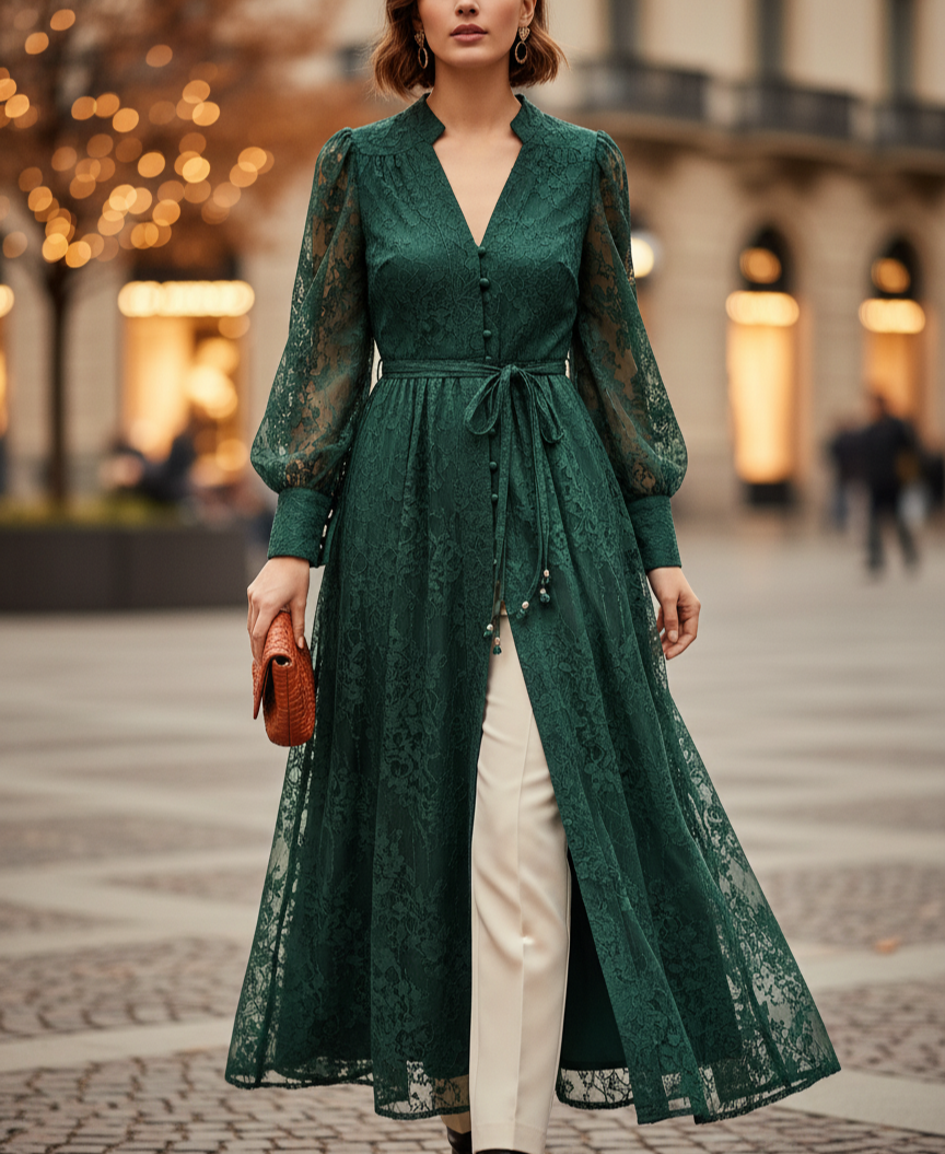 Kaya Women's Long Evening Dress with Embroidery and Lace | Pearls, Lantern Sleeves green | The Lineage