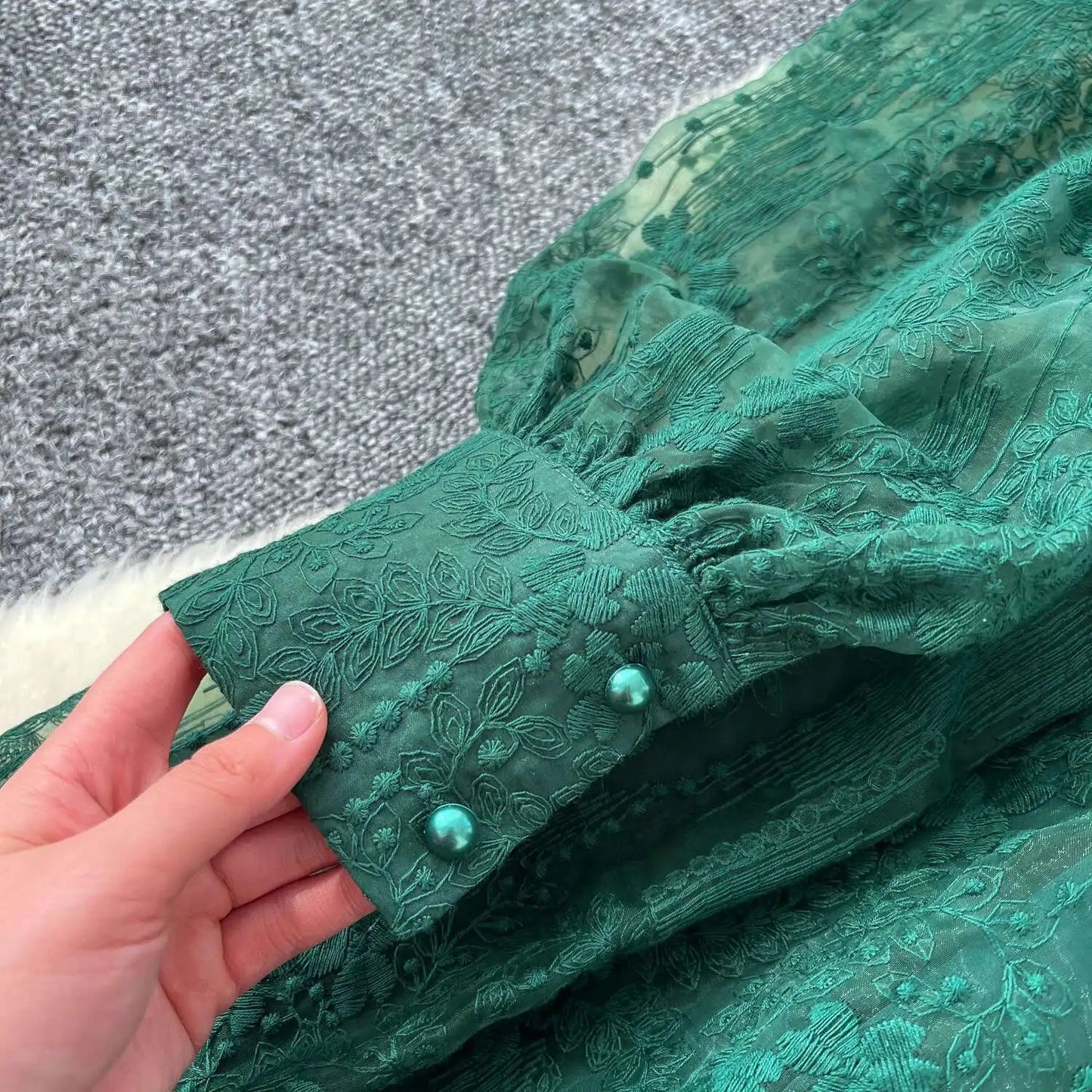 Kaya Women's Long Evening Dress with Embroidery and Lace | Pearls, Lantern Sleeves | The Lineage