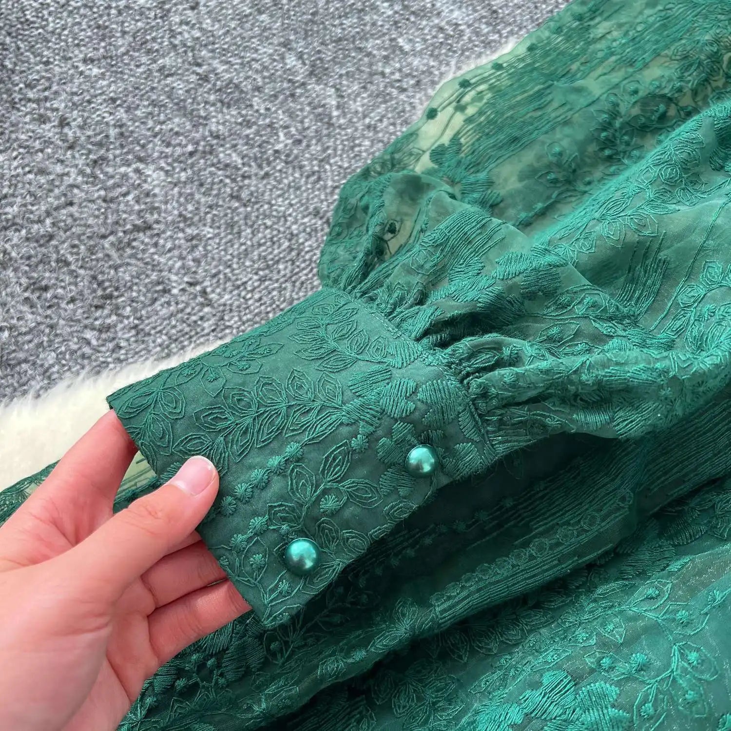 Kaya Women's Long Evening Dress with Embroidery and Lace | Pearls, Lantern Sleeves | The Lineage