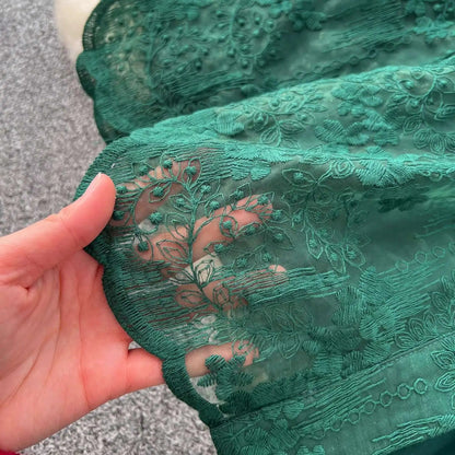 Kaya Women's Long Evening Dress with Embroidery and Lace | Pearls, Lantern Sleeves | The Lineage