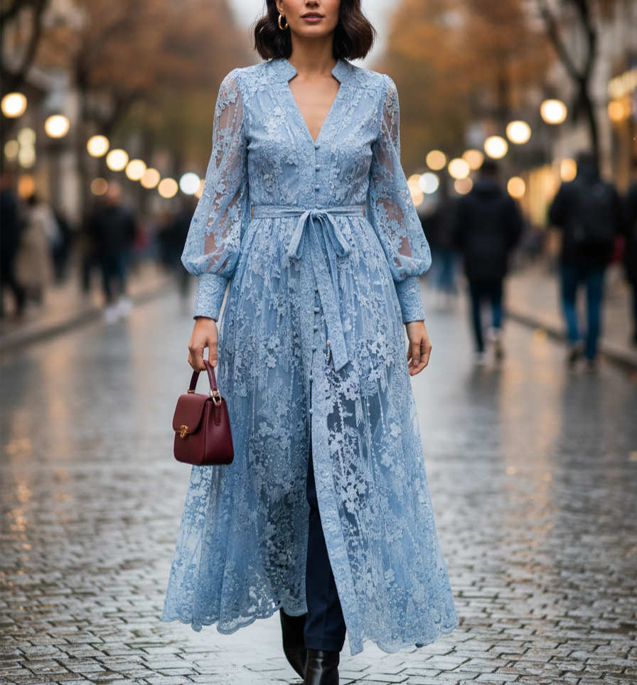 Kaya Women's Long Evening Dress with Embroidery and Lace | Pearls, Lantern Sleeves blue | The Lineage