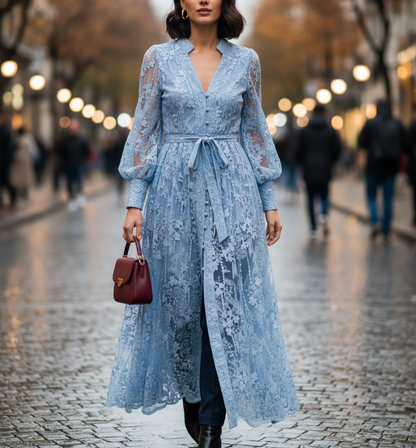 Kaya Women's Long Evening Dress with Embroidery and Lace | Pearls, Lantern Sleeves blue | The Lineage