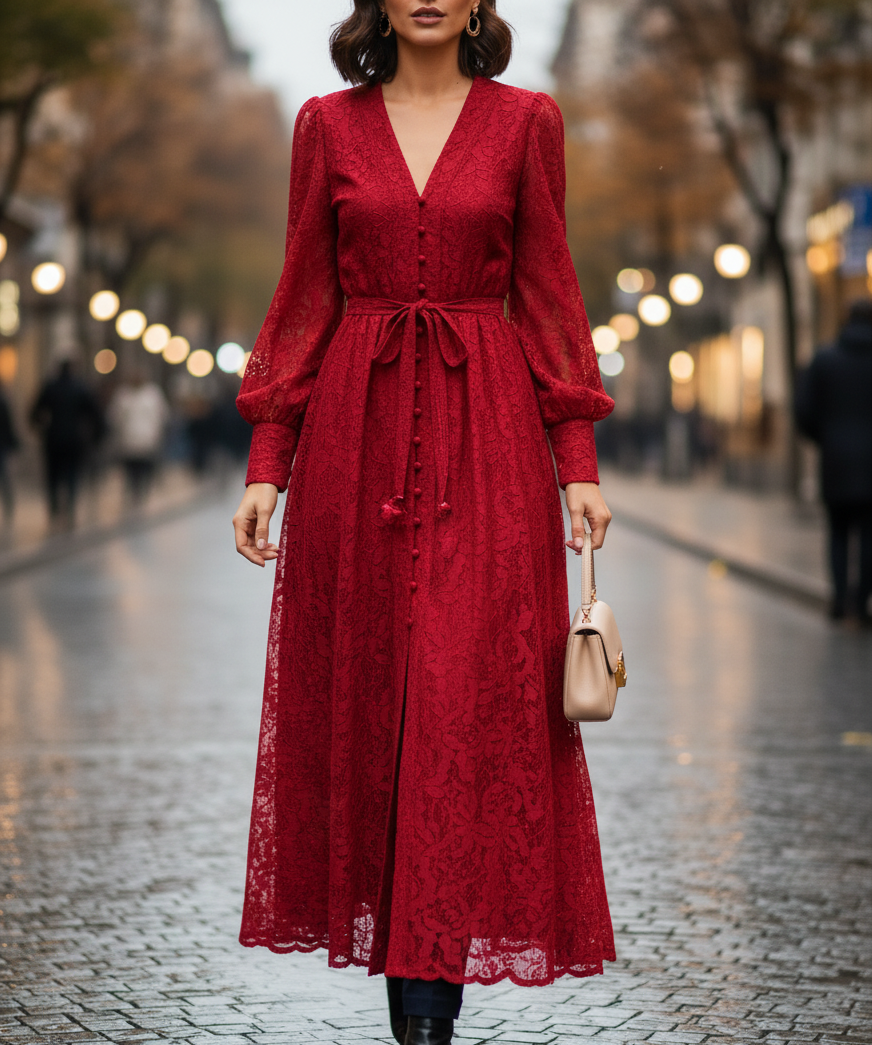 Kaya Women's Long Evening Dress with Embroidery and Lace | Pearls, Lantern Sleeves red | The Lineage