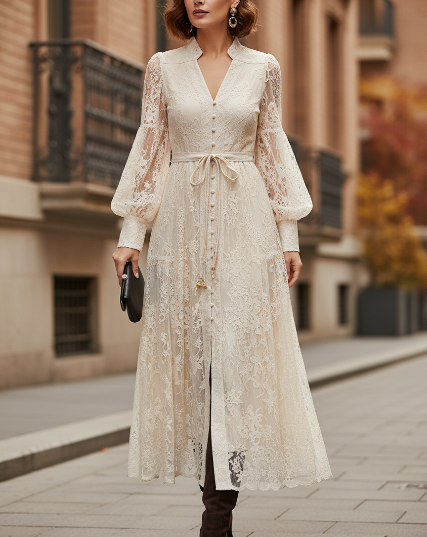 Kaya Women's Long Evening Dress with Embroidery and Lace | Pearls, Lantern Sleeves apricot | The Lineage