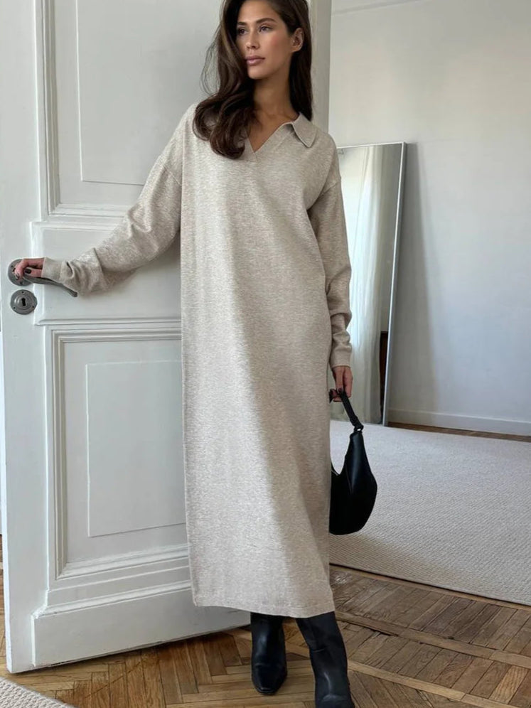 Kiana Women’s Long-Sleeved Knit Dress with Polo Collar | Loose Fit grey | The Lineage