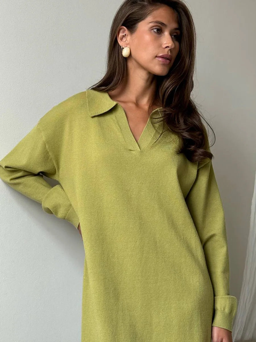 Kiana Women’s Long-Sleeved Knit Dress with Polo Collar | Loose Fit | The Lineage
