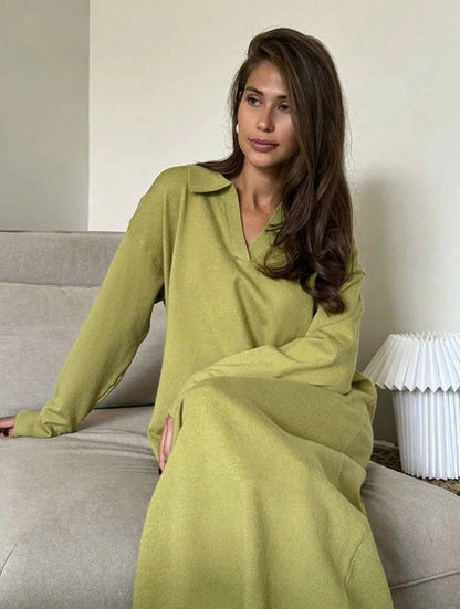 Kiana Women’s Long-Sleeved Knit Dress with Polo Collar | Loose Fit green | The Lineage