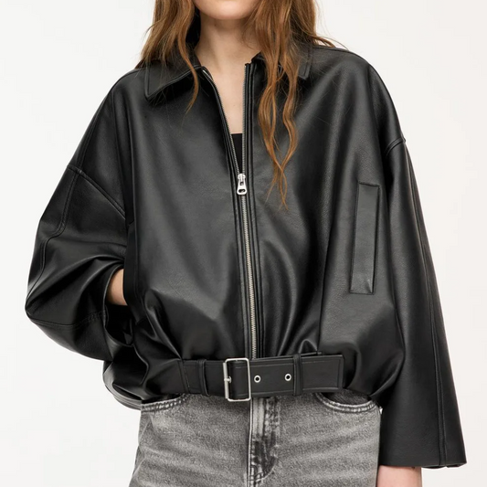 Laro women's leather jacket with lacing | Loose fit, turn-down collar black | The Lineage