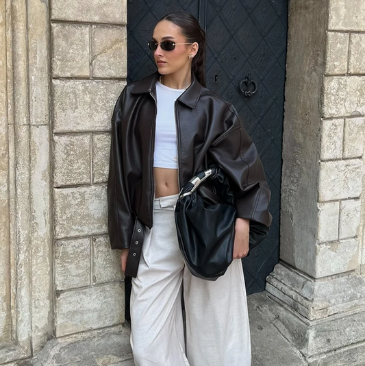 Laro women's leather jacket with lacing | Loose fit, turn-down collar | The Lineage