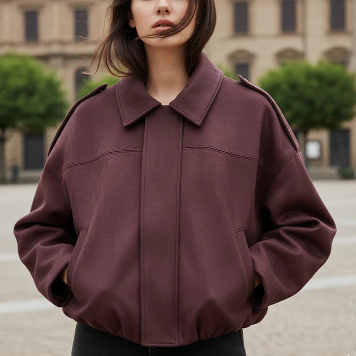 Lira Women’s Bomber Jacket with Lapel Collar | Loose Fit, Shoulder-Emphasising burgundy | The Lineage
