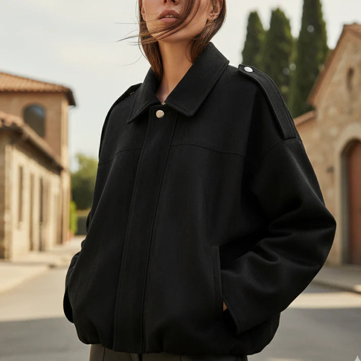 Lira Women’s Bomber Jacket with Lapel Collar | Loose Fit, Shoulder-Emphasising black | The Lineage