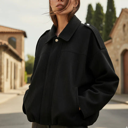 Lira Women’s Bomber Jacket with Lapel Collar | Loose Fit, Shoulder-Emphasising black | The Lineage