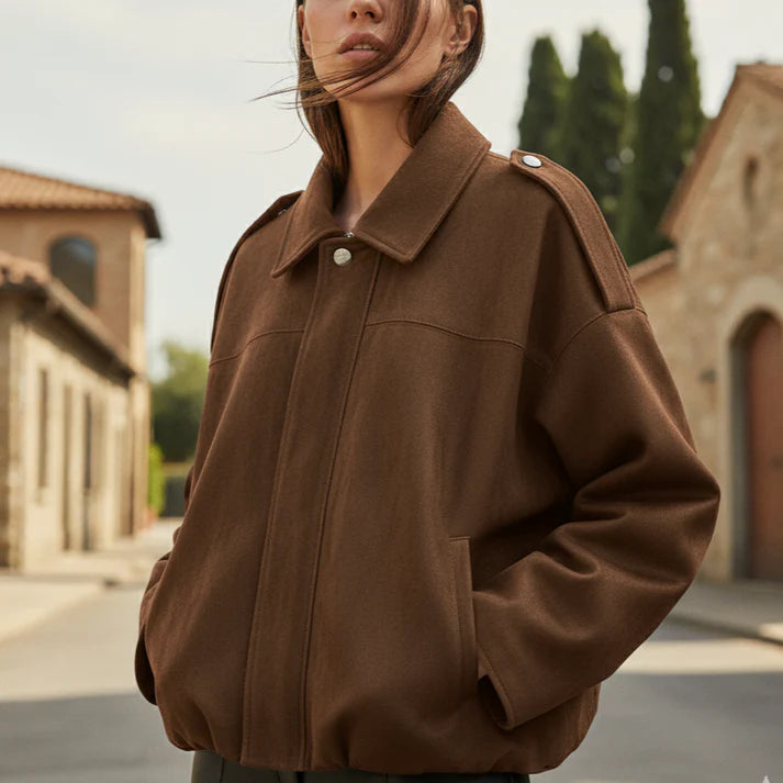 Lira Women’s Bomber Jacket with Lapel Collar | Loose Fit, Shoulder-Emphasising dark brown | The Lineage