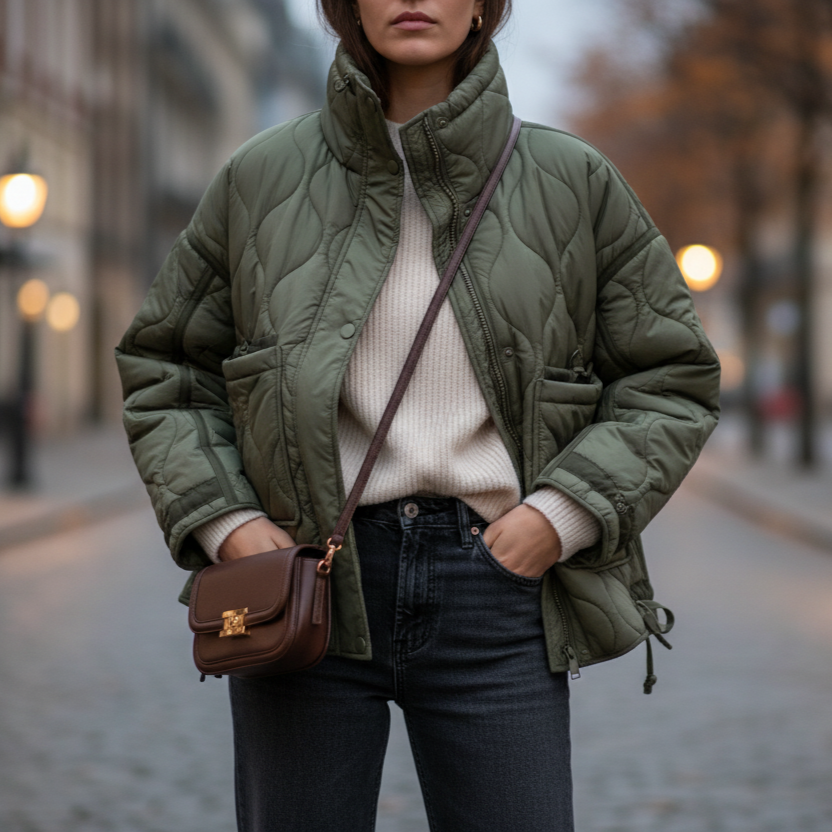 Livi Women's Padded Jacket | Long Sleeves, Stand-Up Collar, Zippered army green | The Lineage