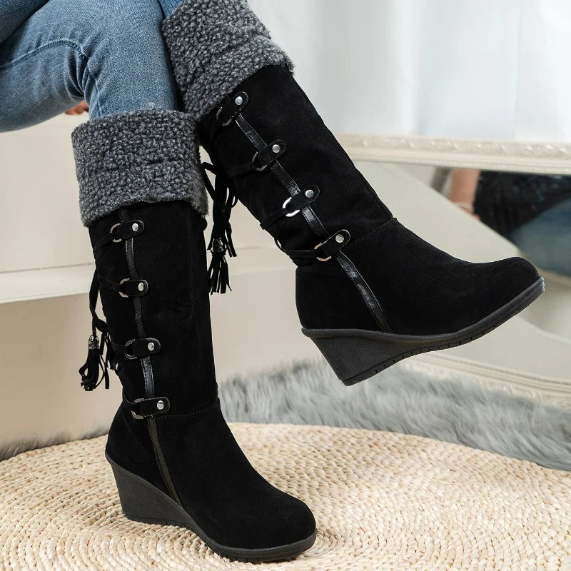 Lovrin Women’s Long Winter Ankle Boots in Faux Leather | Warm Lining, With Buckle black | The Lineage