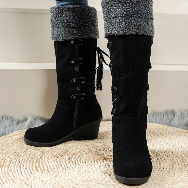 Lovrin Women’s Long Winter Ankle Boots in Faux Leather | Warm Lining, With Buckle | The Lineage
