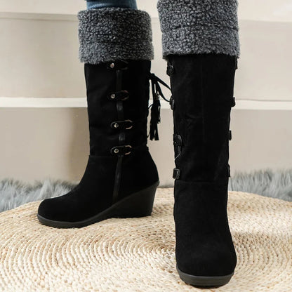 Lovrin Women’s Long Winter Ankle Boots in Faux Leather | Warm Lining, With Buckle | The Lineage