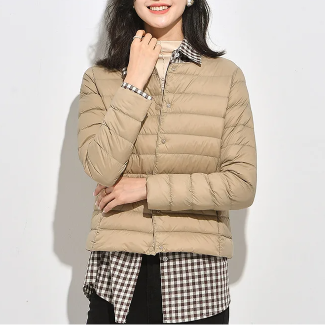 Luma Women’s Lightweight Down Jacket | Warm, Slim Fit, Packable beige | The Lineage