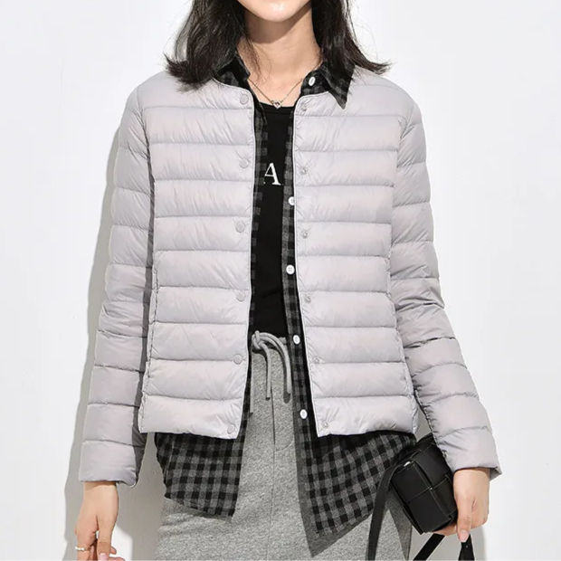 Luma Women’s Lightweight Down Jacket | Warm, Slim Fit, Packable grey | The Lineage