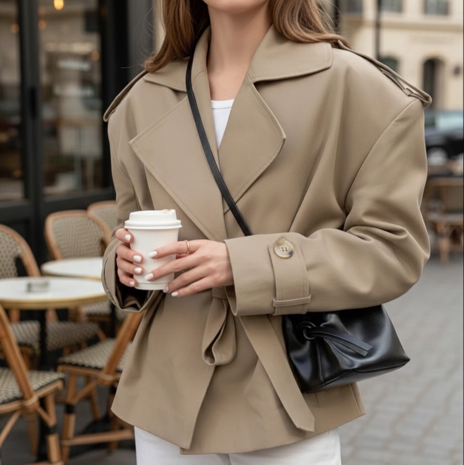Lyra Women's Belted Windbreaker Jacket | Short, Long Sleeves, Lapel Collar khaki | The Lineage