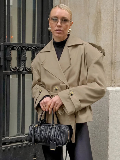 Lyra Women's Belted Windbreaker Jacket | Short, Long Sleeves, Lapel Collar | The Lineage