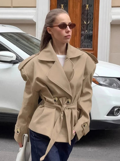 Lyra Women's Belted Windbreaker Jacket | Short, Long Sleeves, Lapel Collar | The Lineage