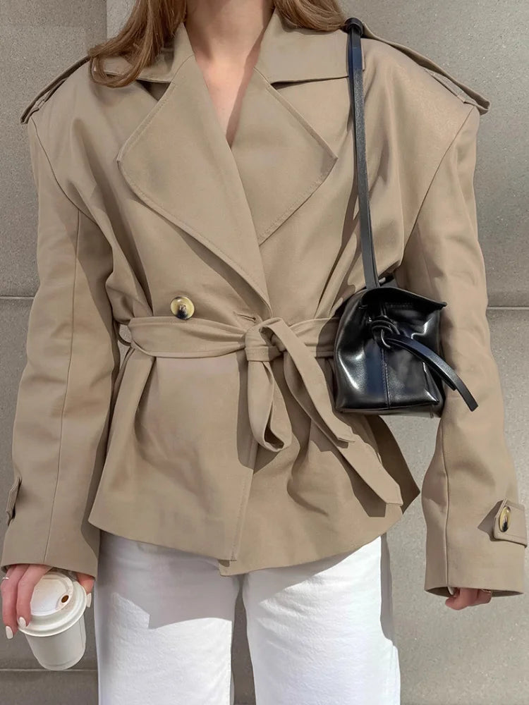 Lyra Women's Belted Windbreaker Jacket | Short, Long Sleeves, Lapel Collar | The Lineage