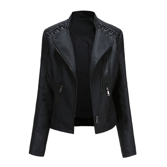 Marie Women’s Faux Leather Jacket | Short Cut, Zip-Up, Long Sleeves, Spring & Autumn black | The Lineage