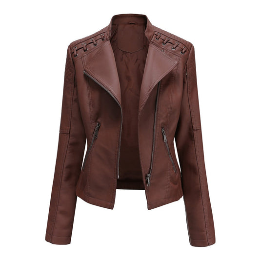 Marie Women’s Faux Leather Jacket | Short Cut, Zip-Up, Long Sleeves, Spring & Autumn coffee | The Lineage