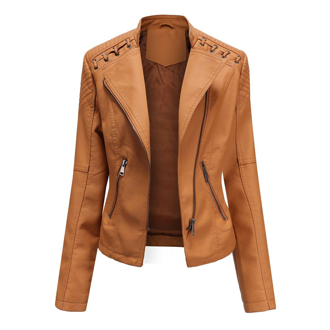 Marie Women’s Faux Leather Jacket | Short Cut, Zip-Up, Long Sleeves, Spring & Autumn camel | The Lineage