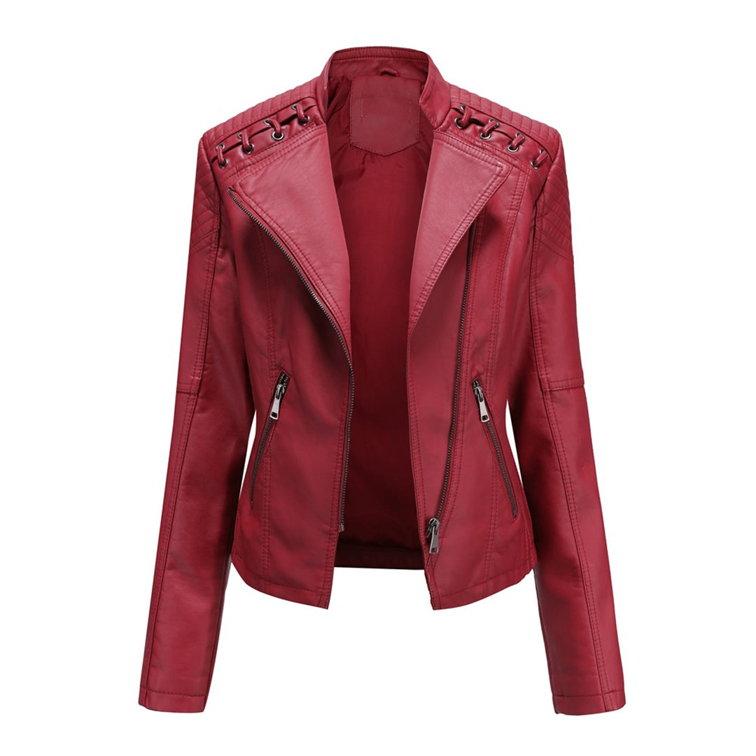 Marie Women’s Faux Leather Jacket | Short Cut, Zip-Up, Long Sleeves, Spring & Autumn red | The Lineage