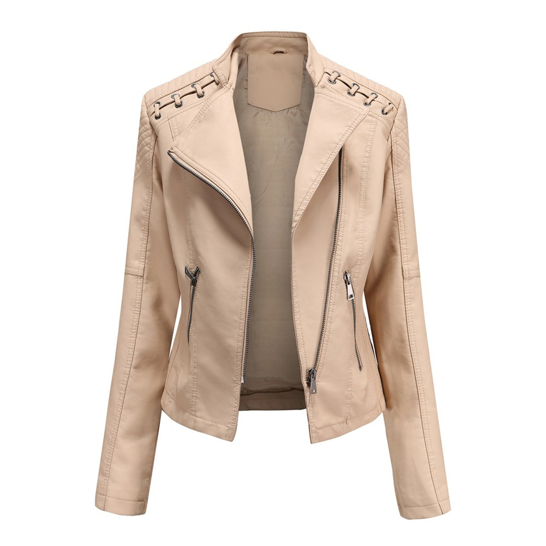 Marie Women’s Faux Leather Jacket | Short Cut, Zip-Up, Long Sleeves, Spring & Autumn khaki | The Lineage
