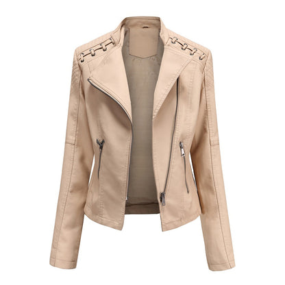 Marie Women’s Faux Leather Jacket | Short Cut, Zip-Up, Long Sleeves, Spring & Autumn khaki | The Lineage