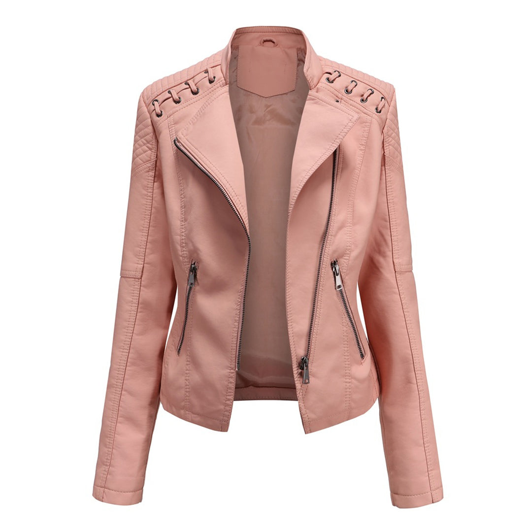 Marie Women’s Faux Leather Jacket | Short Cut, Zip-Up, Long Sleeves, Spring & Autumn pink | The Lineage