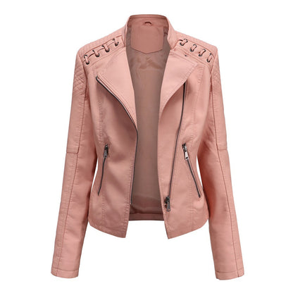 Marie Women’s Faux Leather Jacket | Short Cut, Zip-Up, Long Sleeves, Spring & Autumn pink | The Lineage