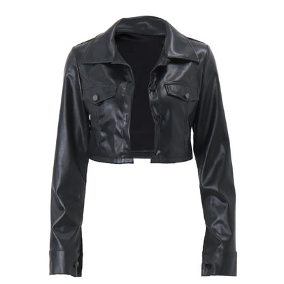 Mery Women’s Faux Leather Short Jacket | Turn-Down Collar, Button Detail, Y2K Style | The Lineage