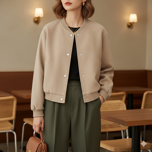 Mira Women's Cropped Bomber Jacket in Tweed Look | Long Sleeves khaki | The Lineage