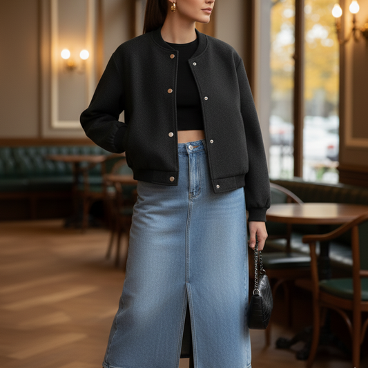 Mira Women's Cropped Bomber Jacket in Tweed Look | Long Sleeves black | The Lineage