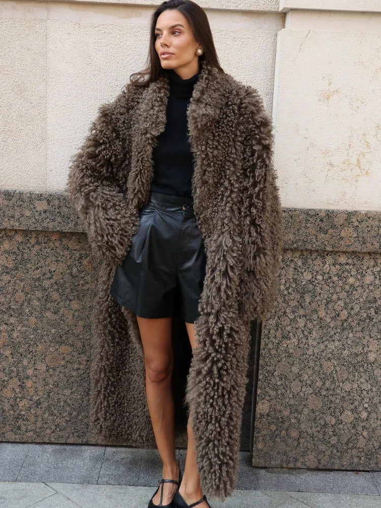 Mirela Women’s Long Faux Fur Coat | Lapel Collar brown | The Lineage